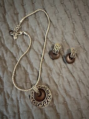 Brighton Silver-Tone Swirl Pendant Necklace with Dark Brown Wood Accents